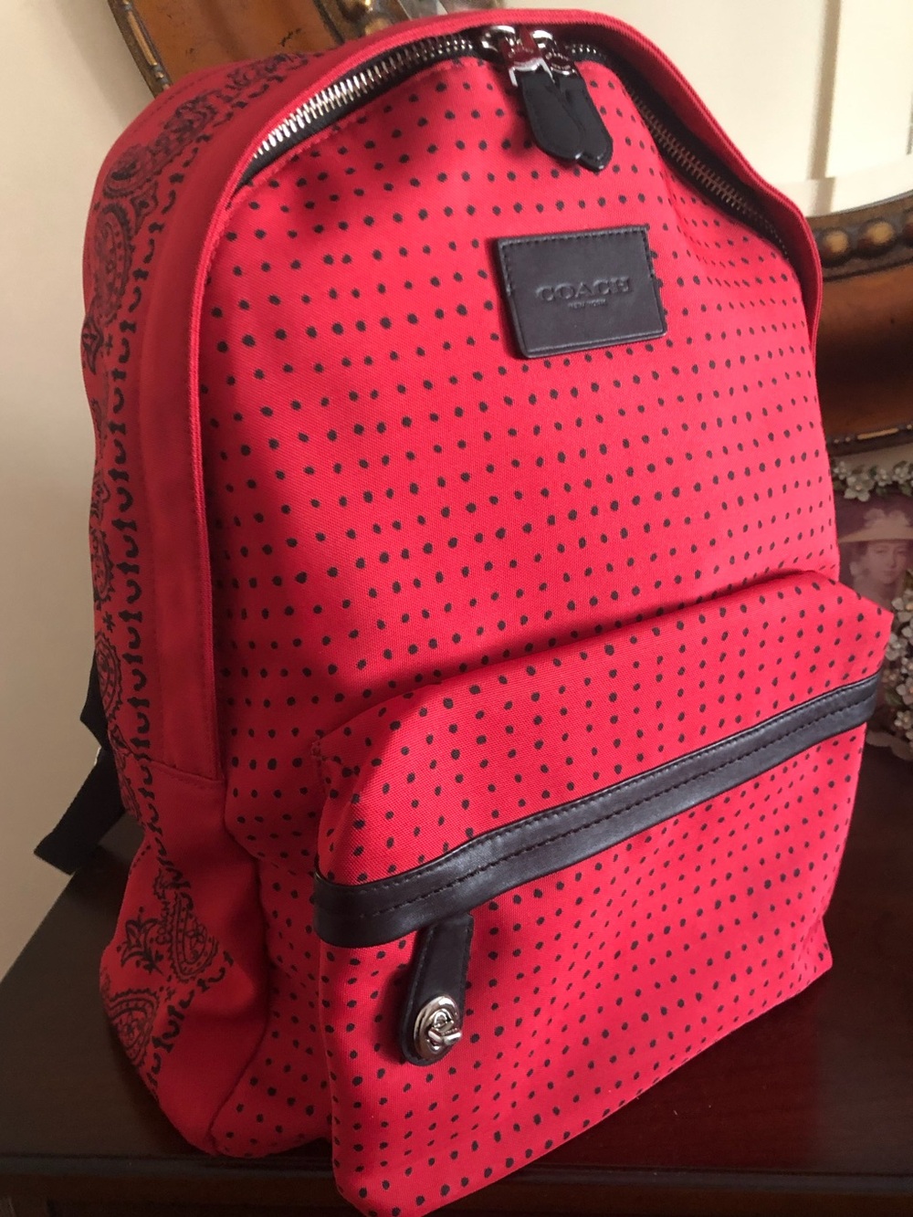 LIKE NEW Coach Red with Black Dot Print Backpack